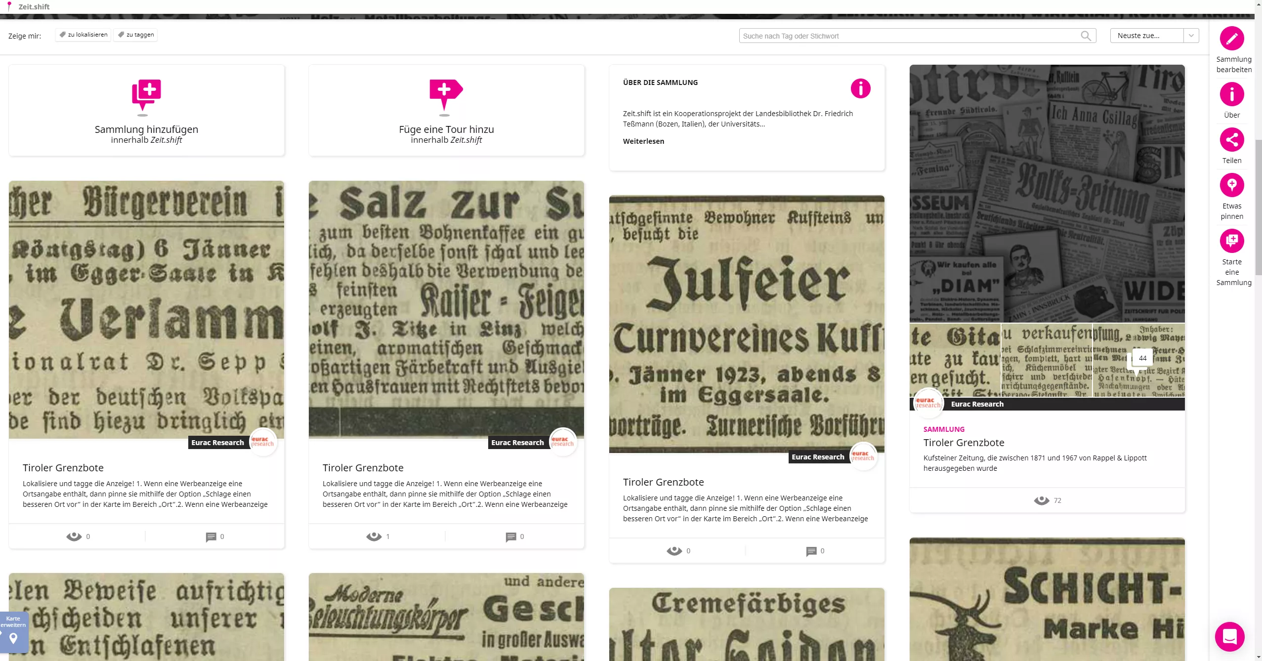 Gallery page of the Zeit.shift collection listing an information card, subcollections and individual adverts.