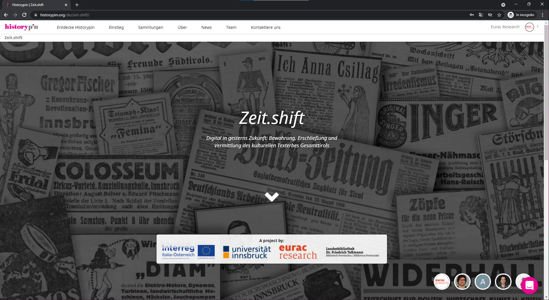 Landing page of the Zeit.shift collection in Historypin.