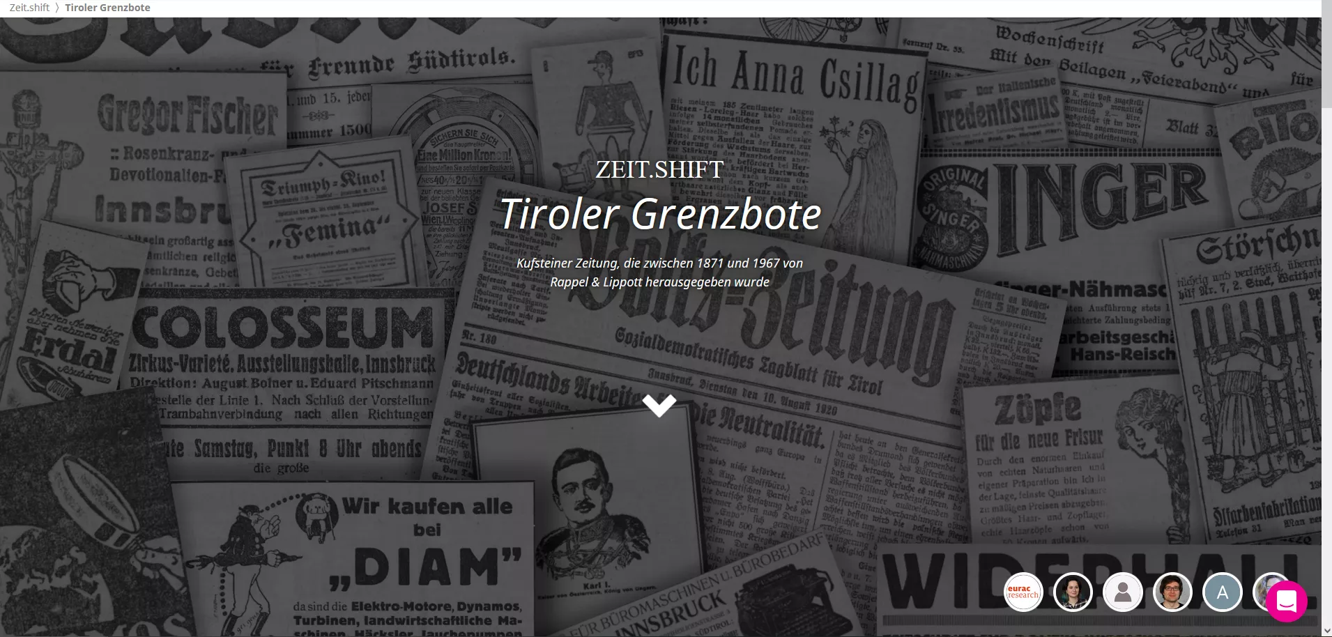 Landing page of the <strong>Tiroler Grenzbote</strong> subcollection within Zeit.shift.